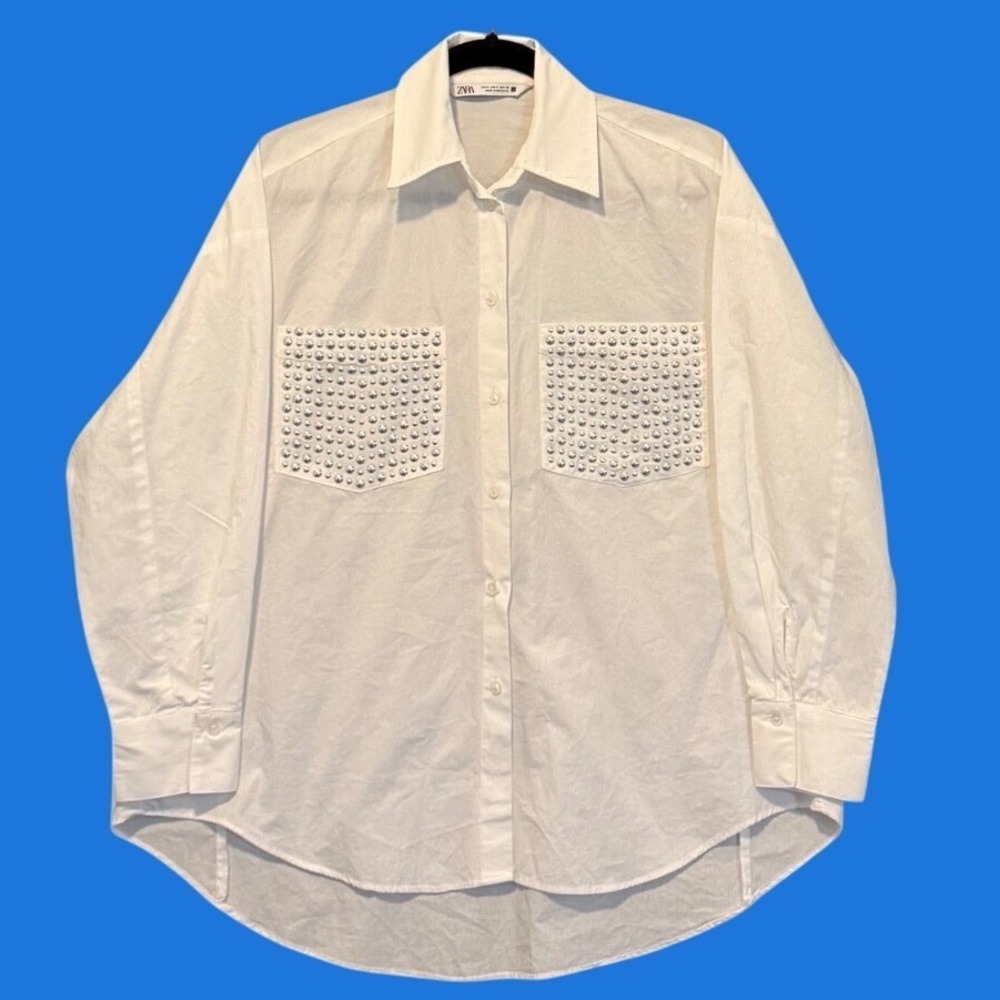 Zara Coastal White Studded Pocket Button Down Cotton Shirt Size S Long Sleeve